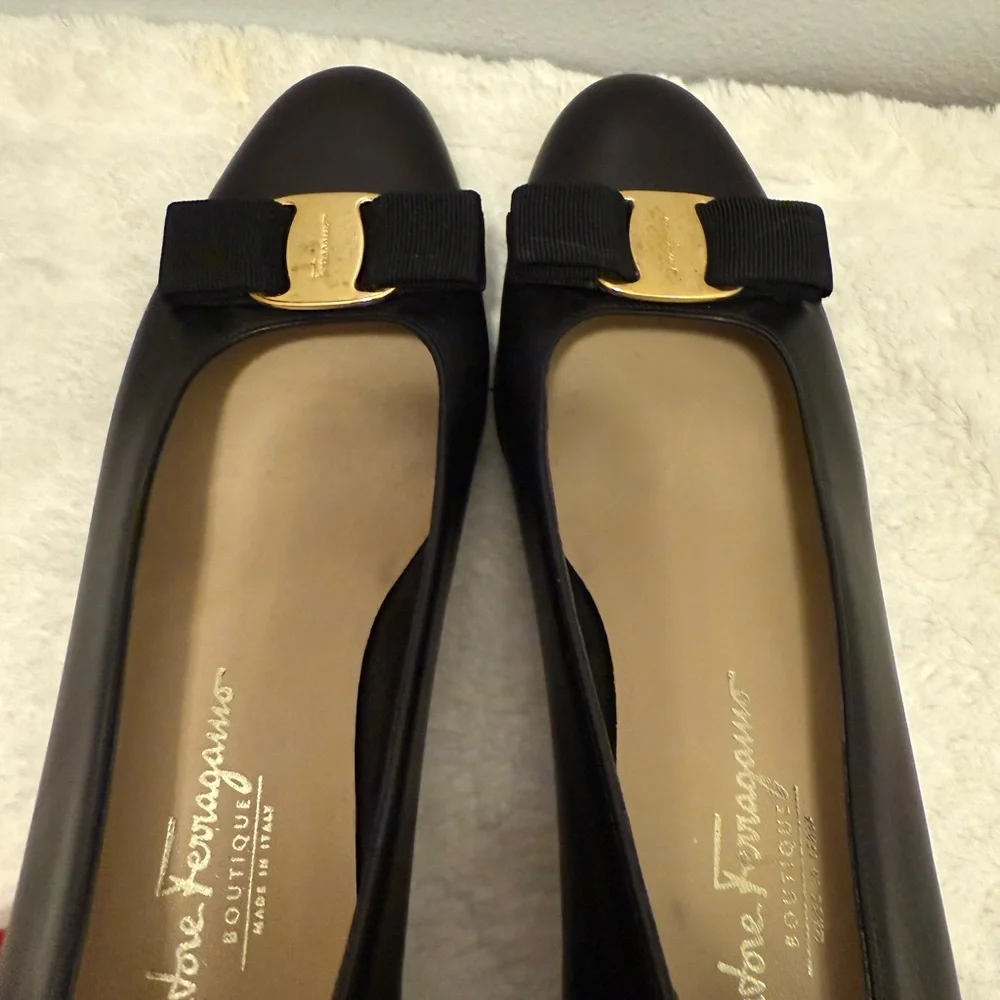 Salvatore Ferragamo Black Low Heel  with Gold Buckle - Picture 7 of 7